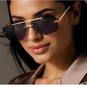Rimless‎ Sunglasses Women Fashion Gold Frame Trendy Shield Pilot Dark Black Lens